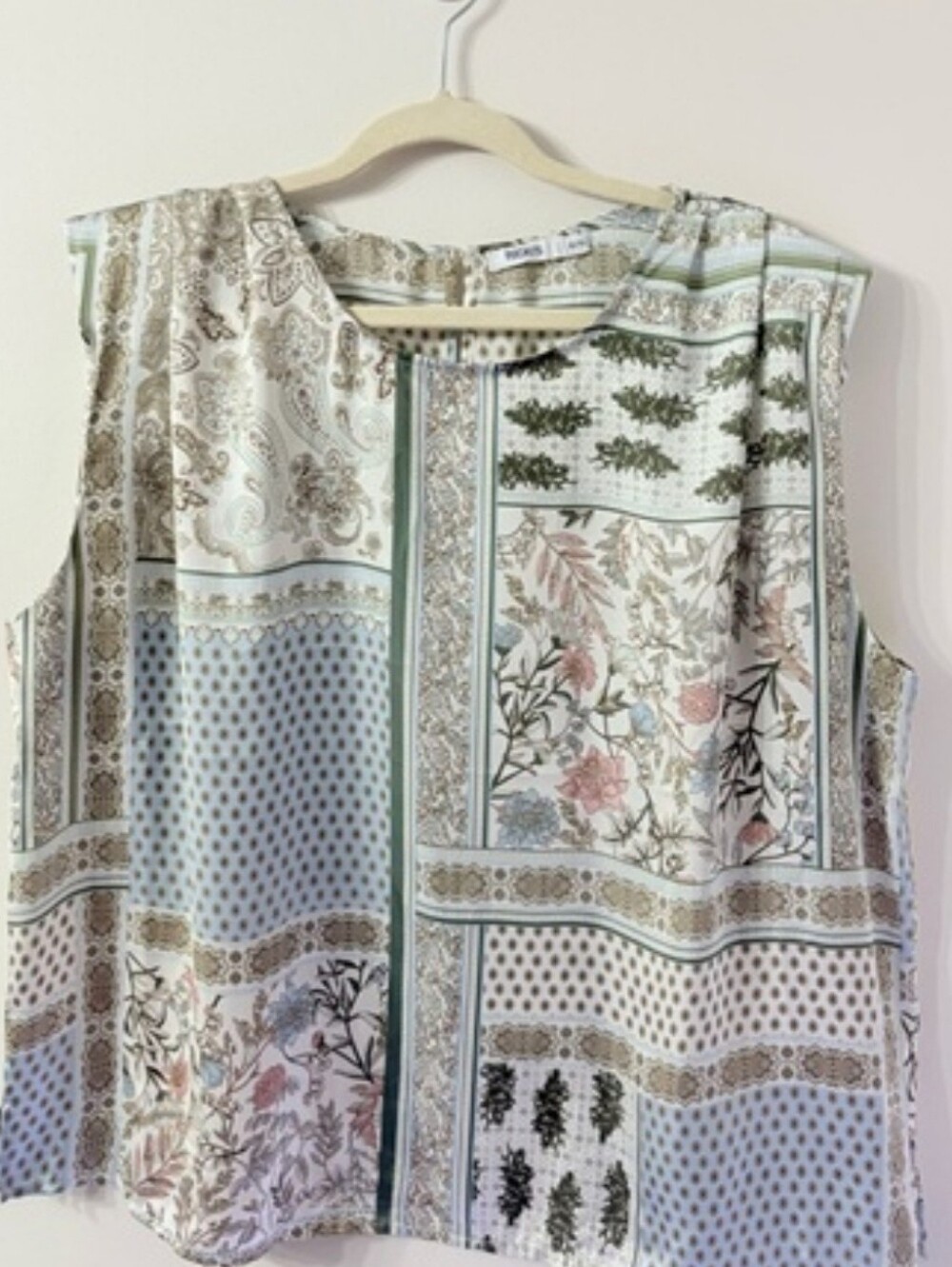 RICKI'S Blue Paisley Patchwork Satin Sleeveless Shoulder Pads Blouse Womens XL